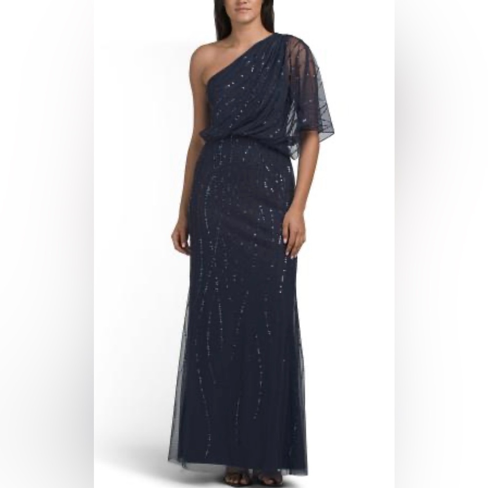Adrianna Papell One-Shoulder Navy Sequin Maxi Dress